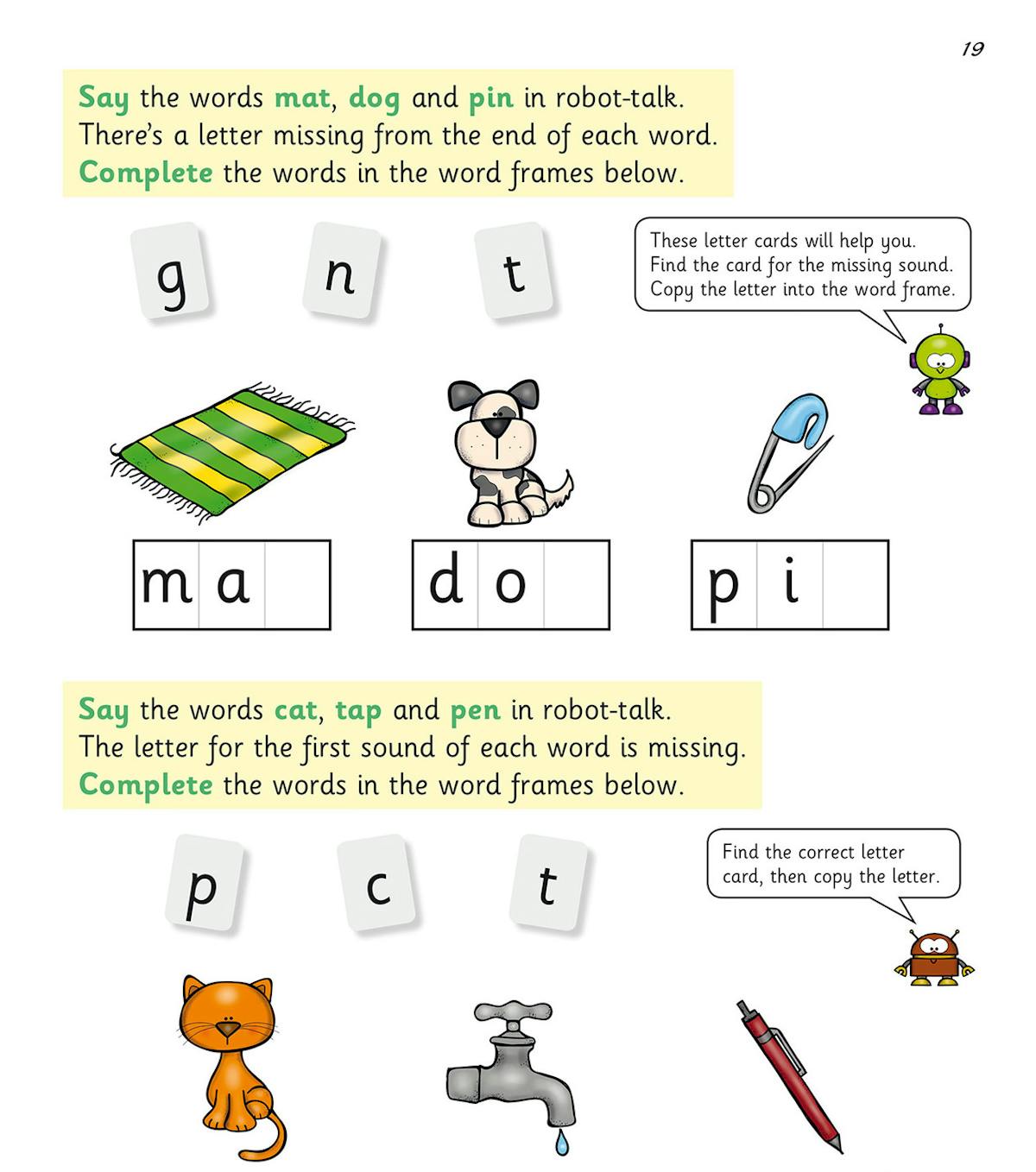 Sample page showing word-building activities with letter cards and pictures