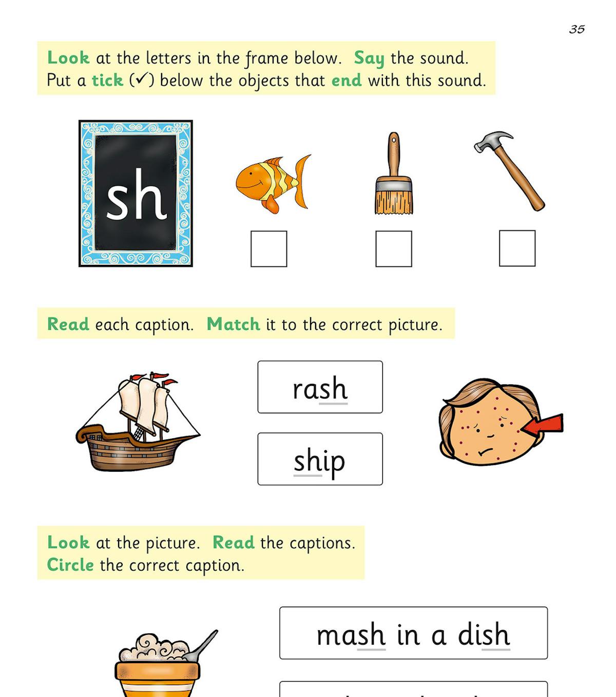 Phonics activity page showing the 'sh' sound with matching and reading exercises