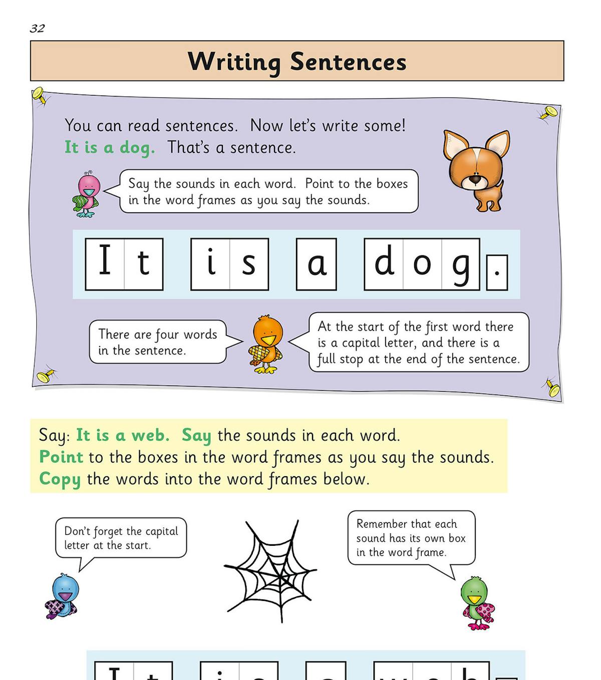 Writing sentences activity page with word frames and phonics guidance