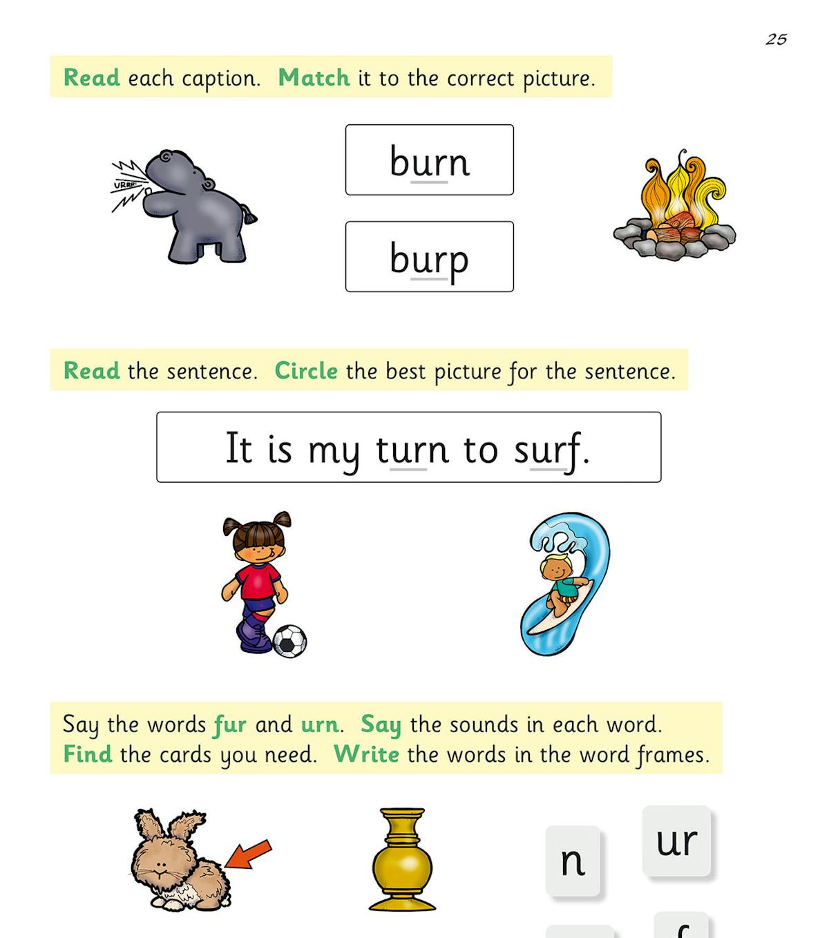 Sample page featuring matching and sentence activities with 'ur' sound