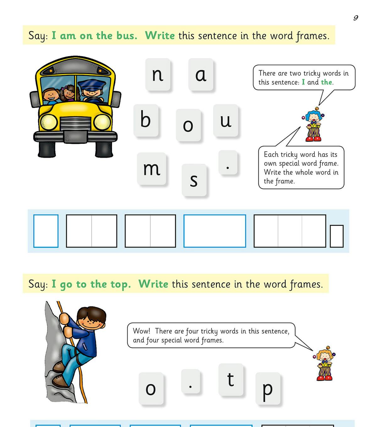 Sample page showing sentence building with tricky words and word frames