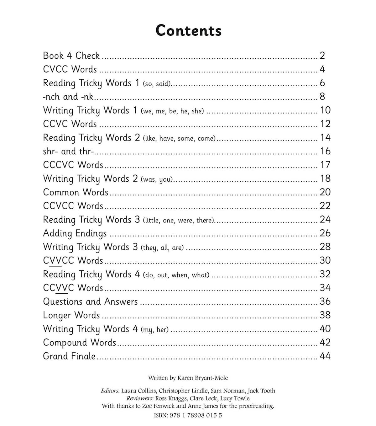Contents page from Phonics Workbook Book 5 showing consonant clusters, tricky words, and compound words