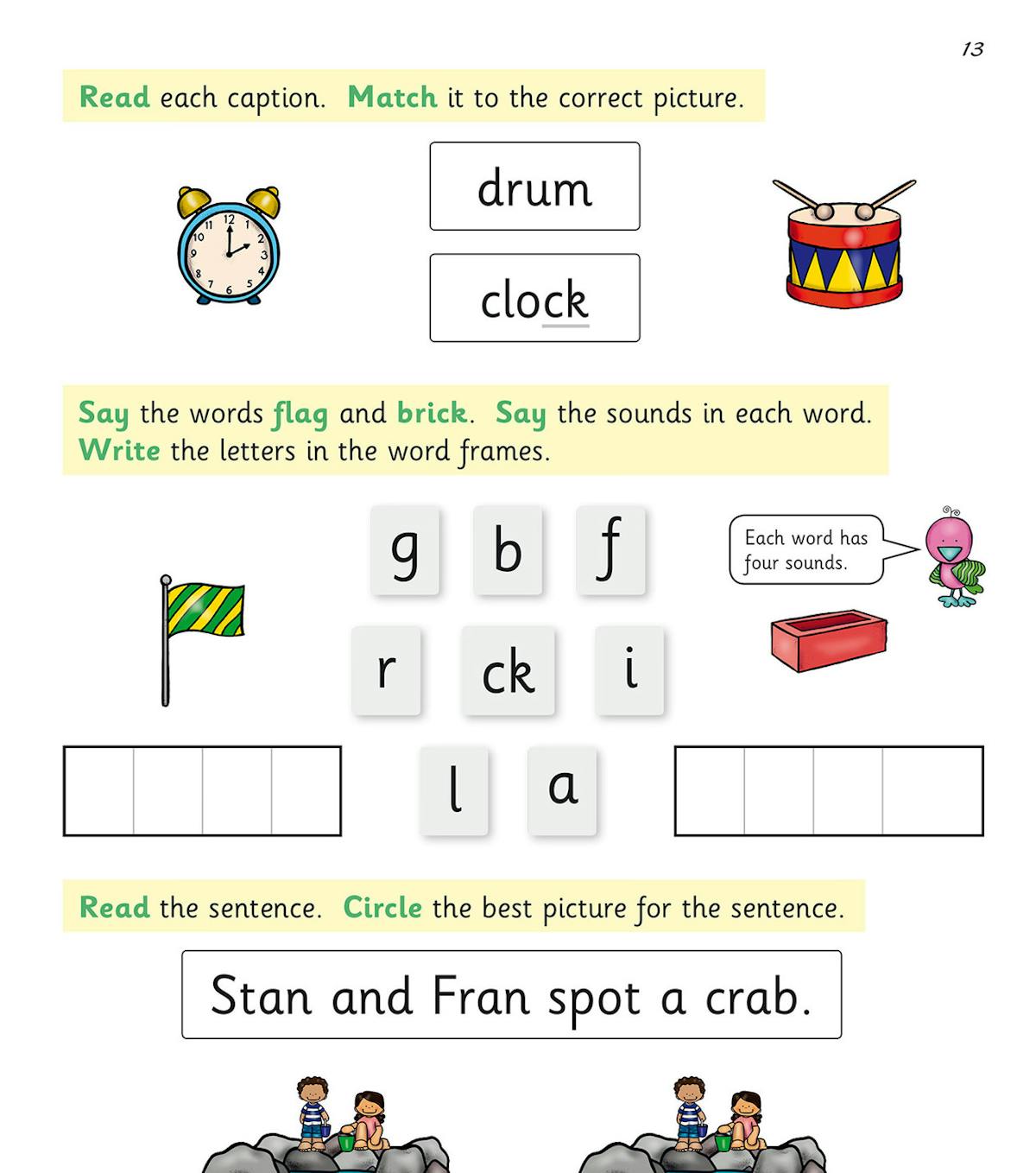 Workbook page demonstrating two-consonant blends with matching and sentence activities