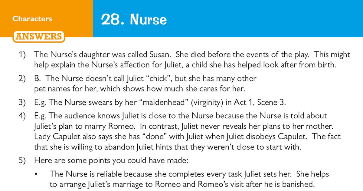 Sample card showing the Nurse character questions and detailed answers