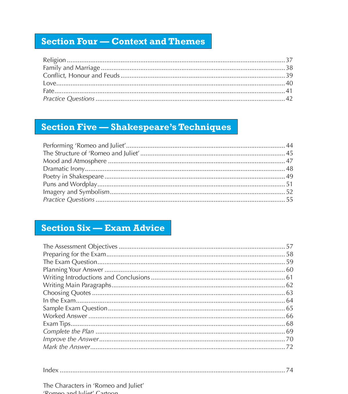 Romeo and Juliet Text Guide contents page showing context and themes