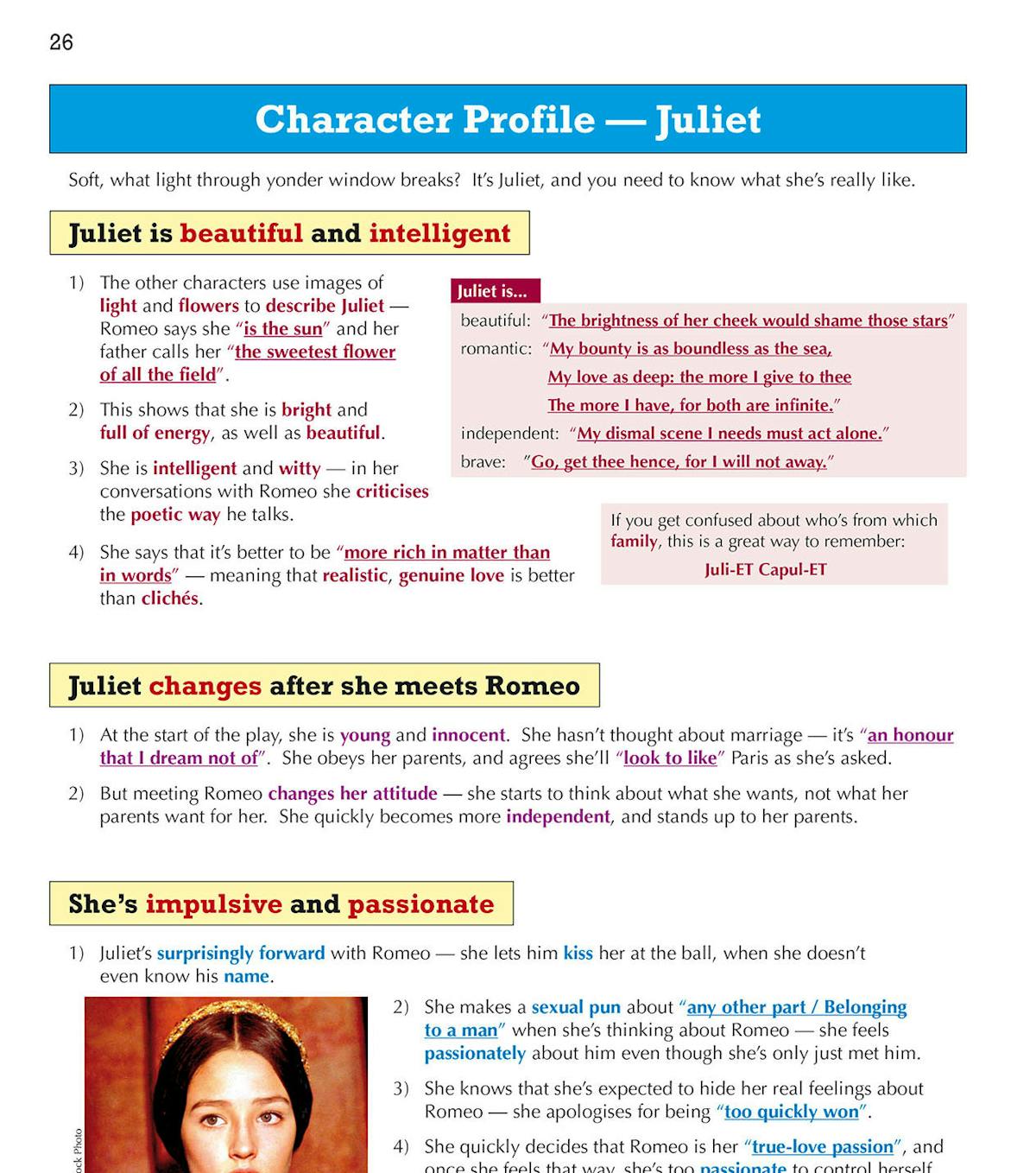 Sample page showing Juliet's character profile with colour-coded analysis and quotations