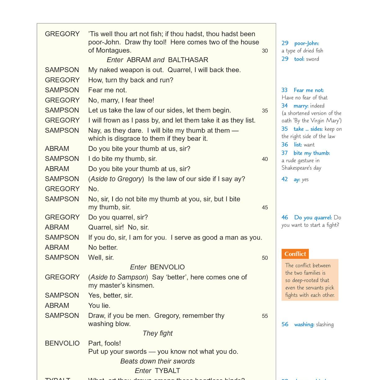 Sample page from Act 1 Scene 1 with character dialogue and margin annotations