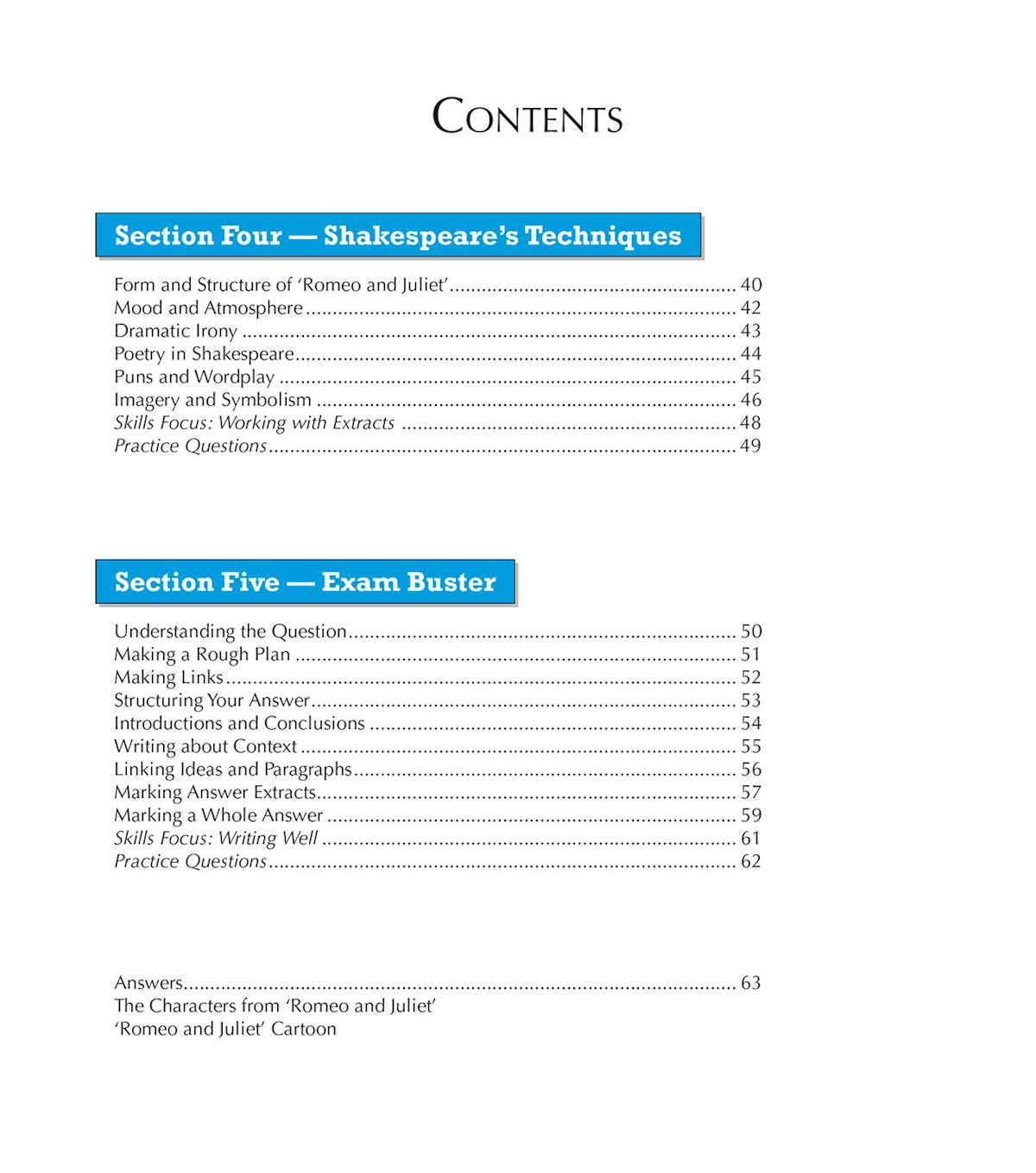 Romeo and Juliet Workbook contents page showing exam skills sections