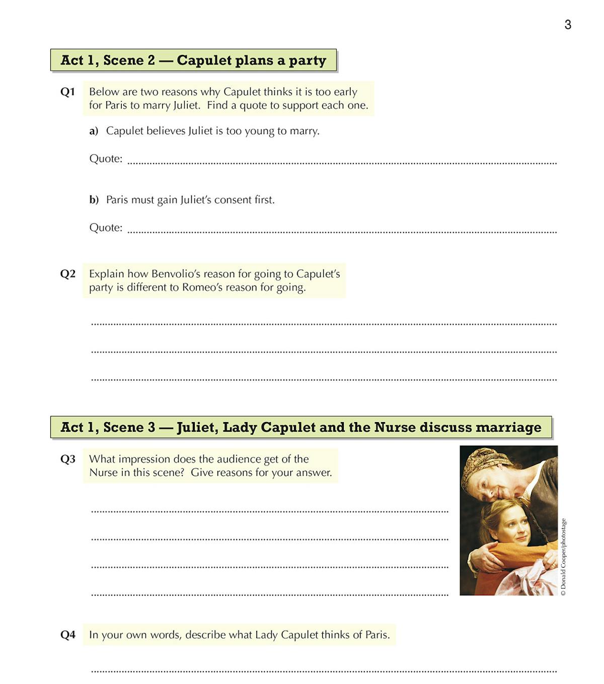 Sample workbook pages showing scene-by-scene questions on Act 1