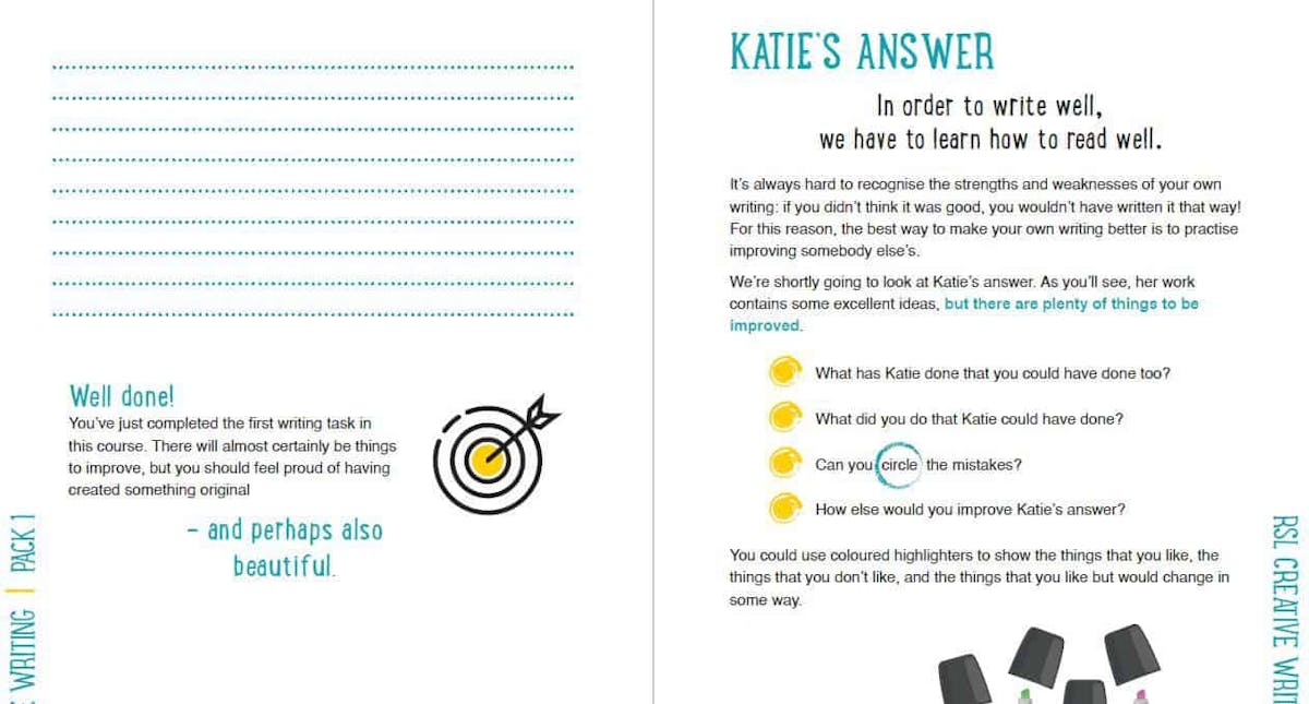 Example page showing annotated student writing with coloured highlighters and improvement suggestions