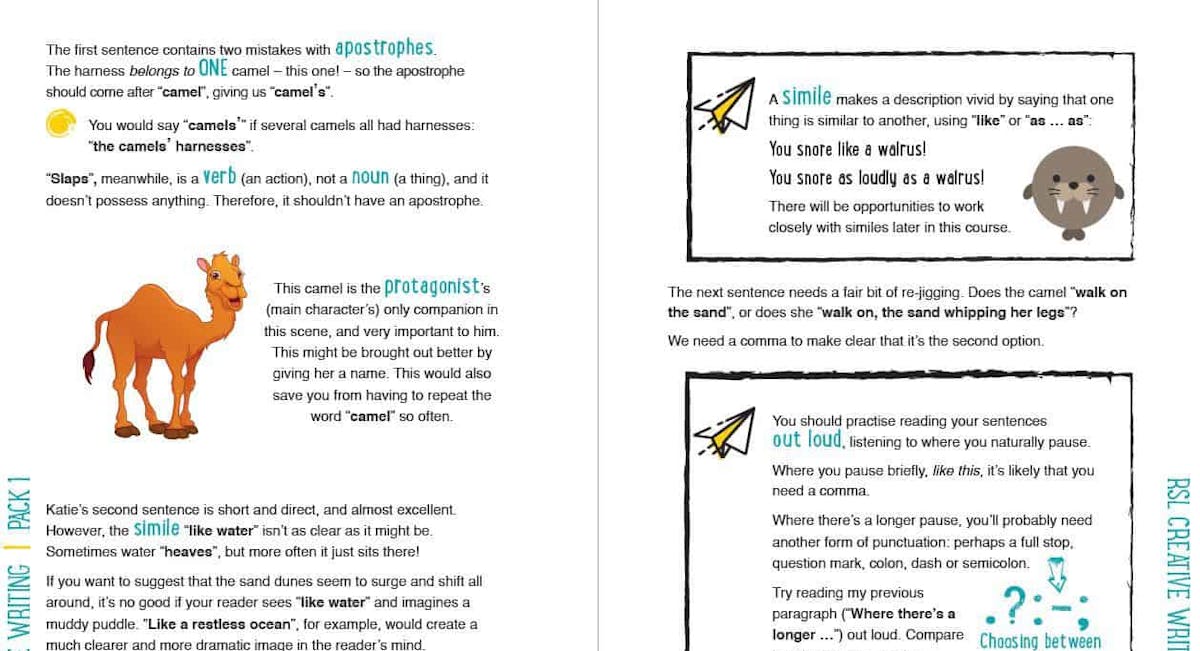 Sample workbook pages explaining similes, punctuation and sentence structure with illustrated examples