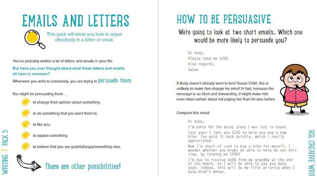 Sample pages showing how to write persuasive emails with example comparisons