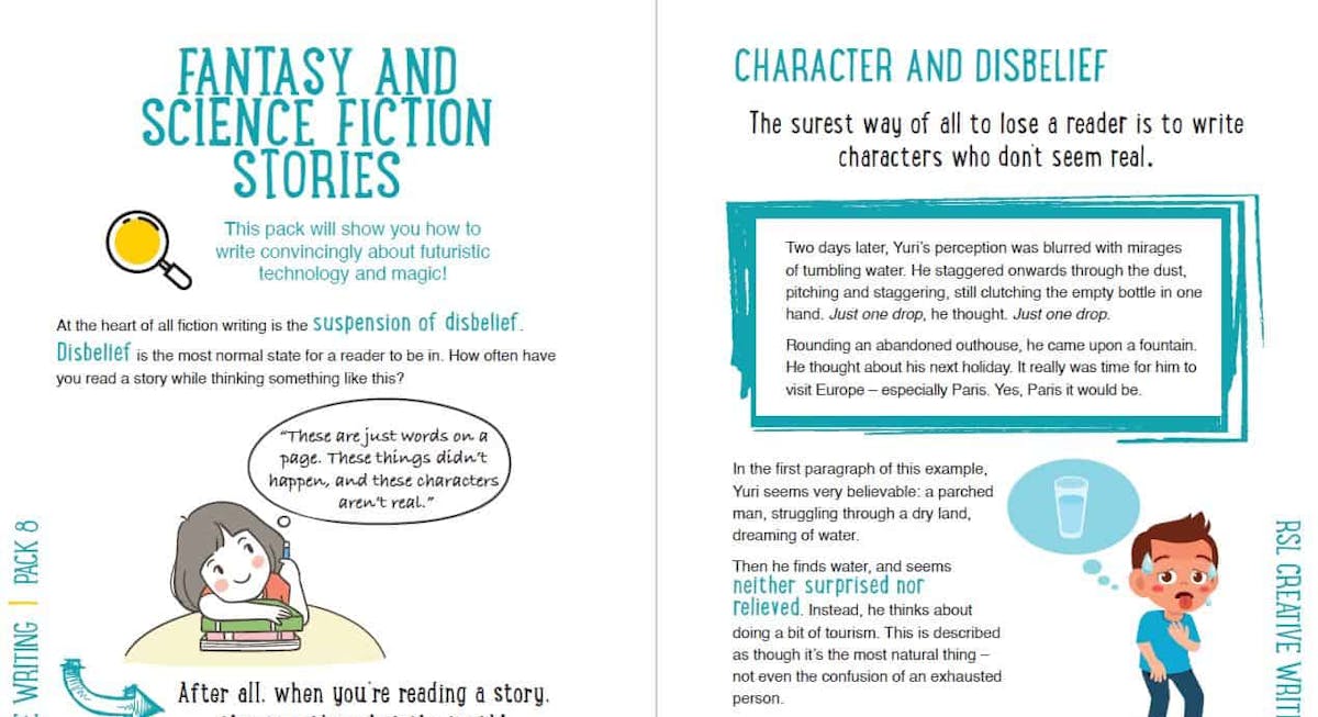 Inside pages on writing fantasy and science fiction with realistic character development