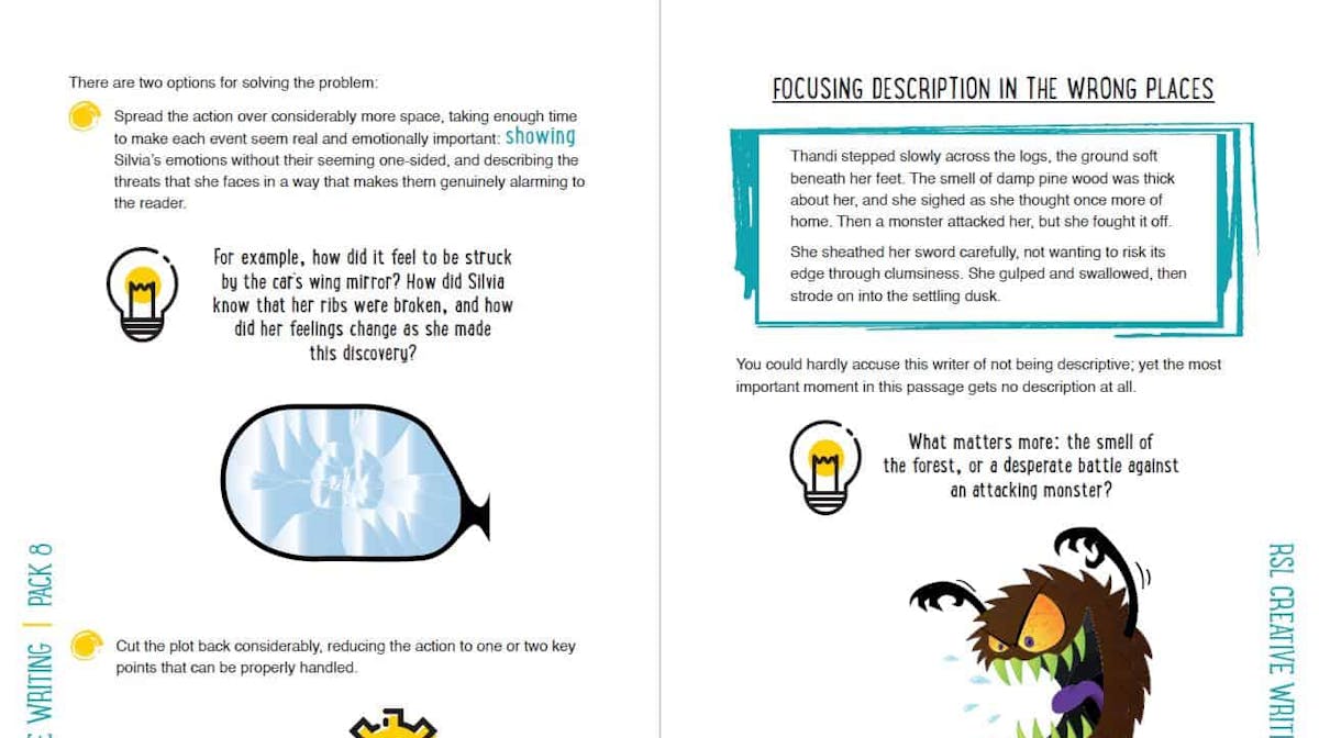 Inside pages showing how to focus description and create believable characters in fiction