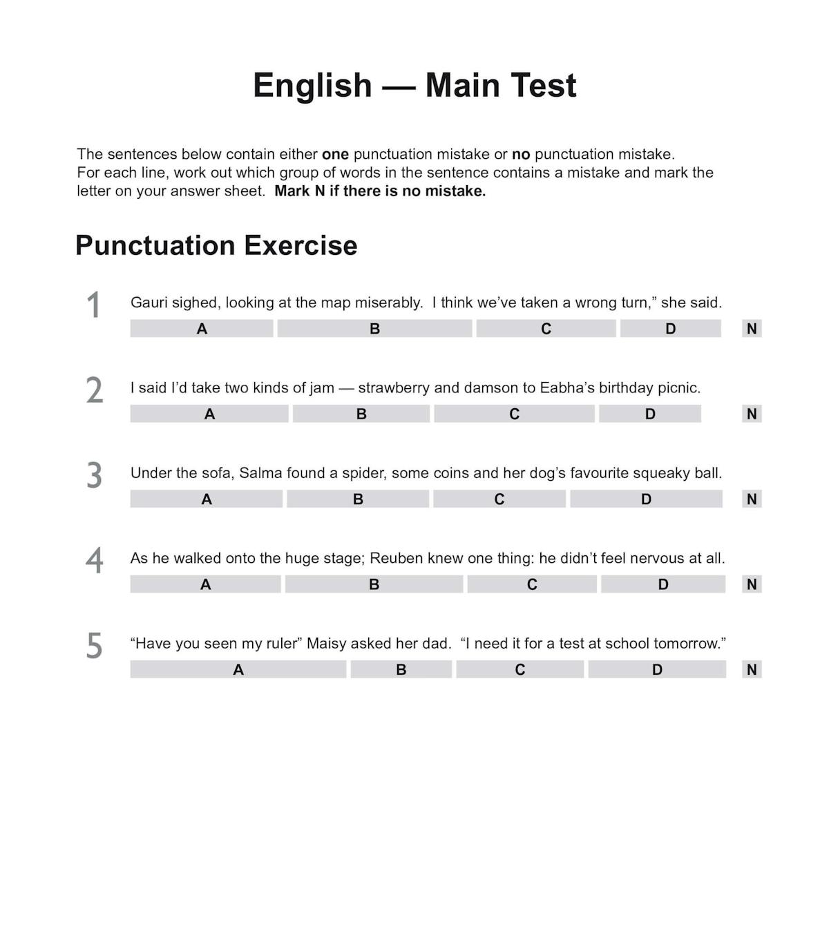 Sample English punctuation exercise page from SEAG practice paper showing multiple-choice questions
