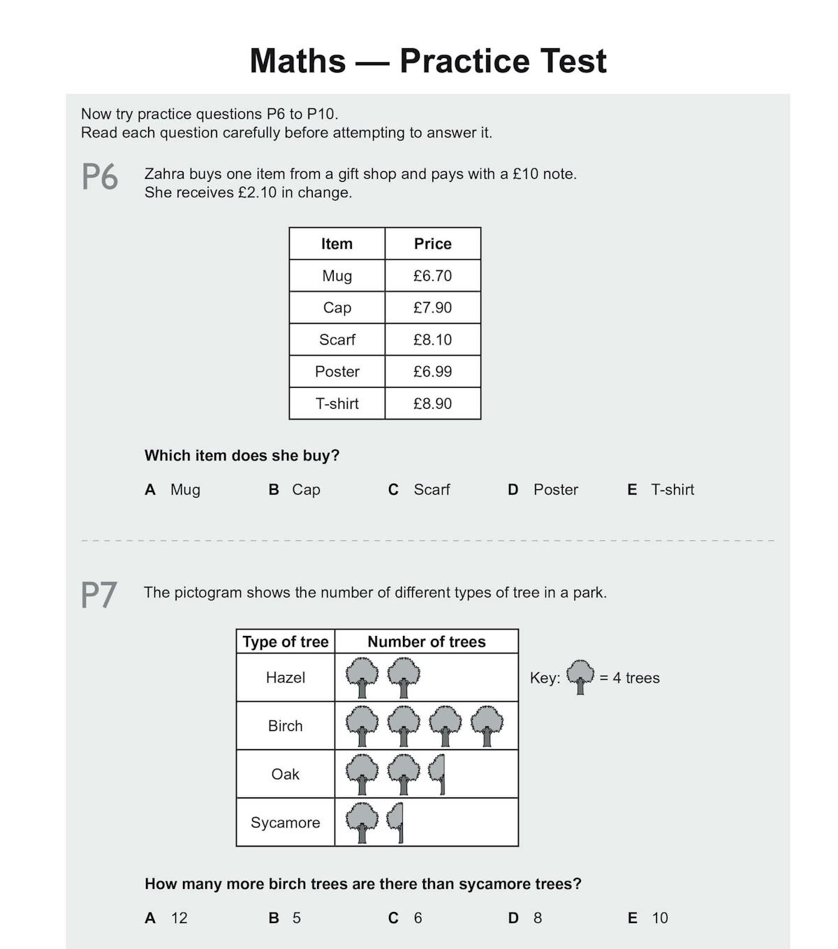 Sample Maths practice test page showing multiple-choice problem-solving questions with pictograms