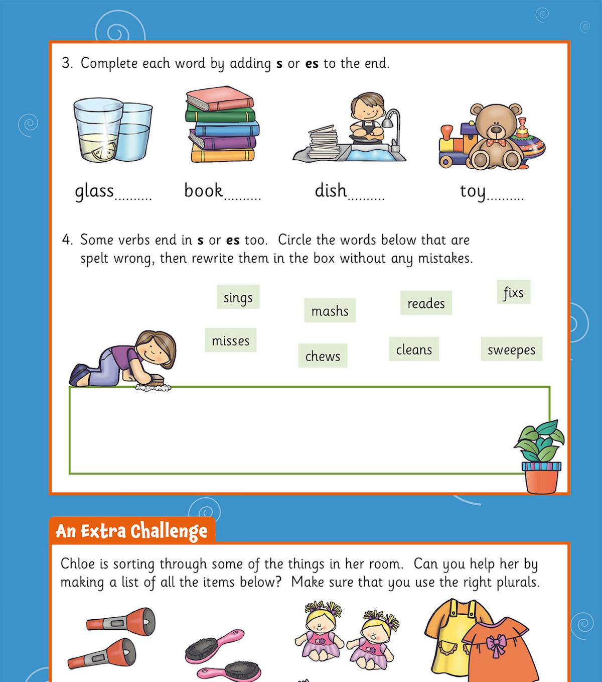 Year 1 spelling activity page showing plurals exercises with colourful illustrations