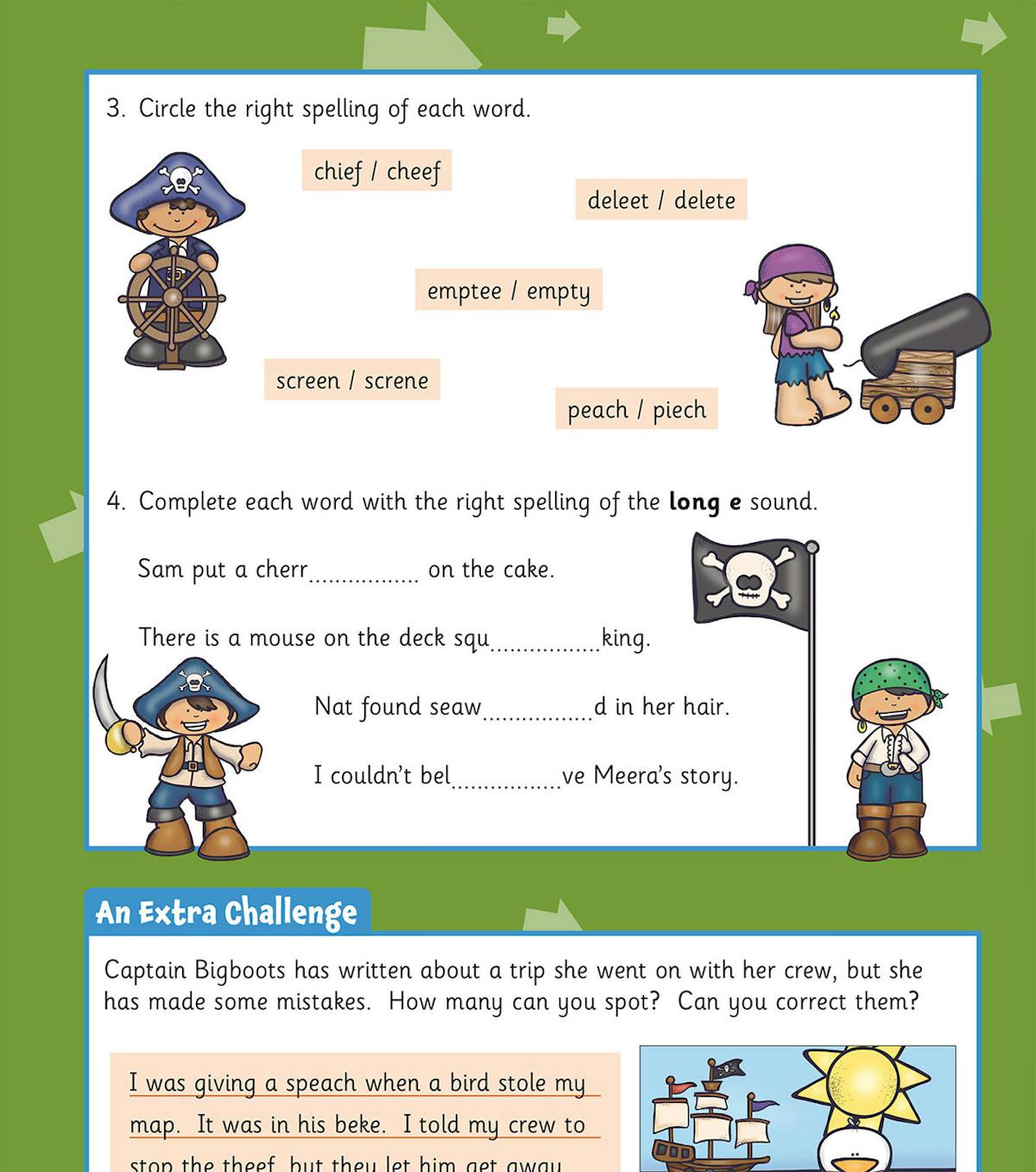 Year 1 spelling page featuring long vowel sounds and pirate-themed challenges