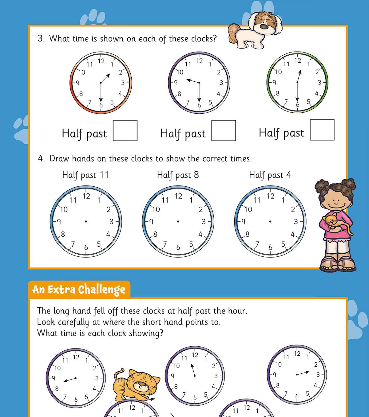 Workbook pages showing reading analogue clocks and drawing clock hands for half past times