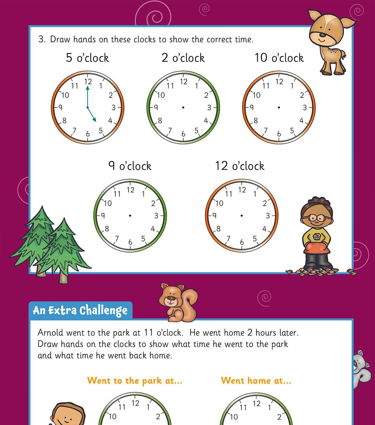 Activity page showing clock-drawing exercises and word problems for telling the time