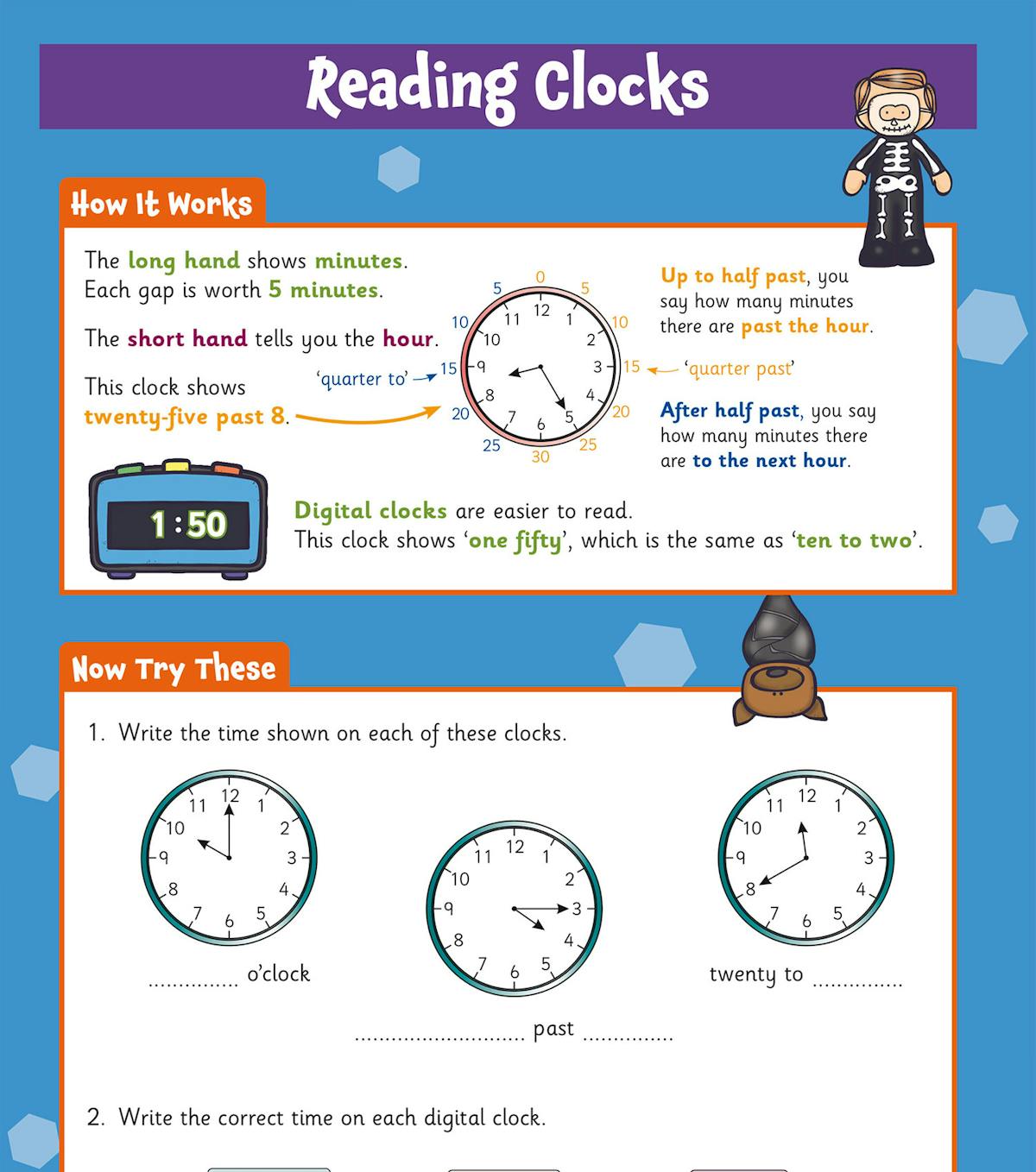 Reading Clocks instruction page with examples of analogue and digital clocks