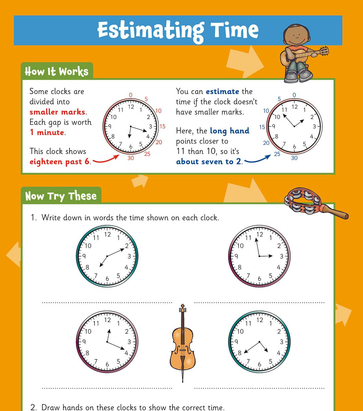 Estimating Time practice page with multiple clock faces and written exercises