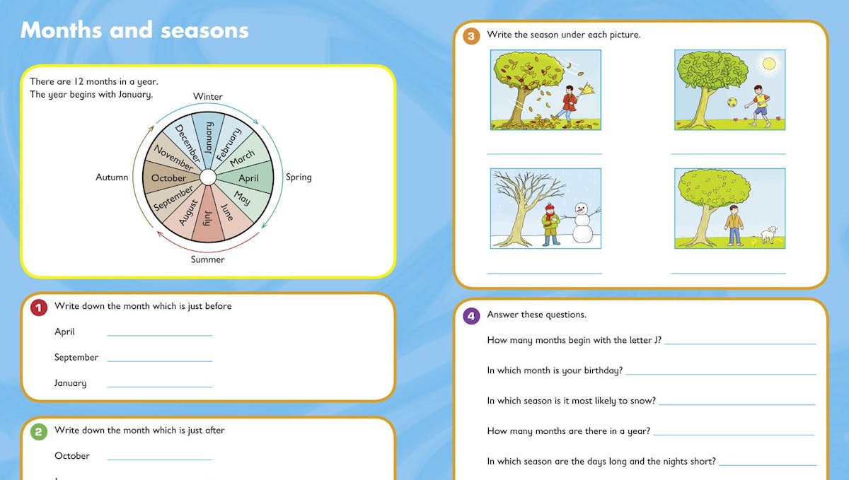 Sample workbook pages showing months, seasons, and time-related questions with colourful illustrations