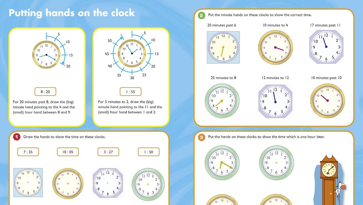 Sample workbook pages showing clock-drawing exercises and time-reading activities