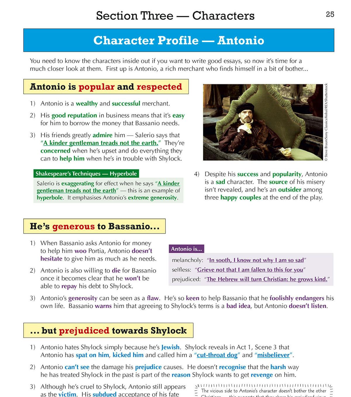 Contents page showing sections on context and themes, Shakespeare's techniques, and exam advice