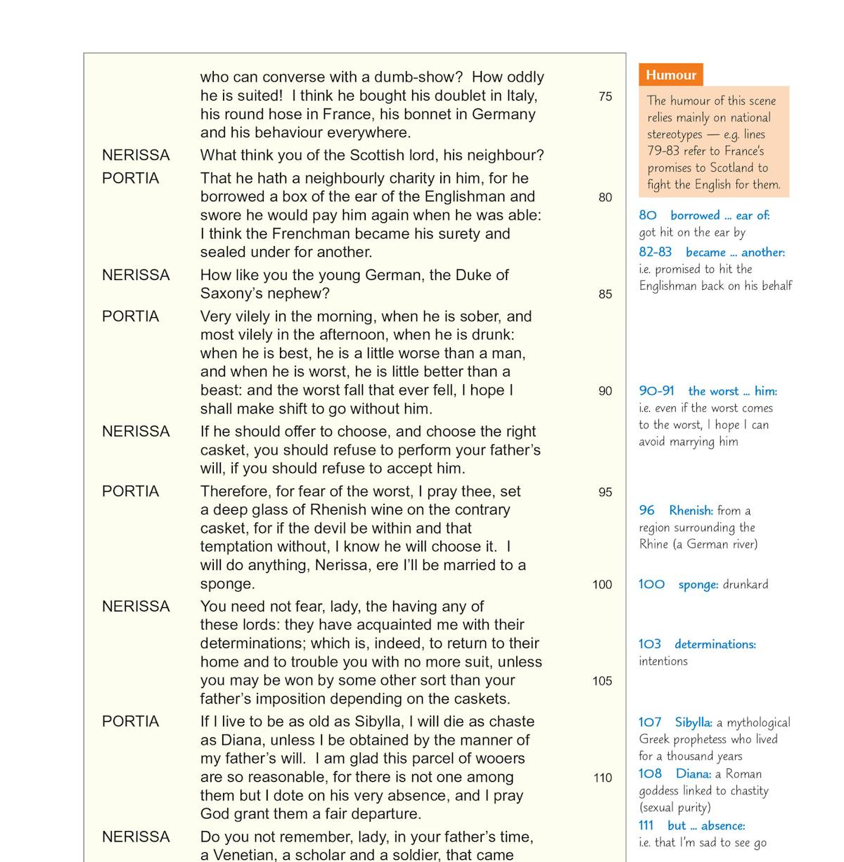 Annotated page from The Merchant of Venice showing dialogue between Nerissa and Portia with margin notes explaining vocabulary and context