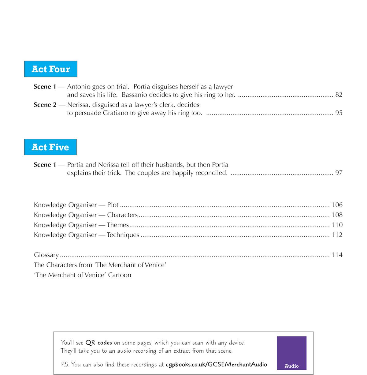 Contents page showing Act Four and Act Five scene summaries, knowledge organisers covering plot, characters, themes and techniques, plus information about QR code audio access