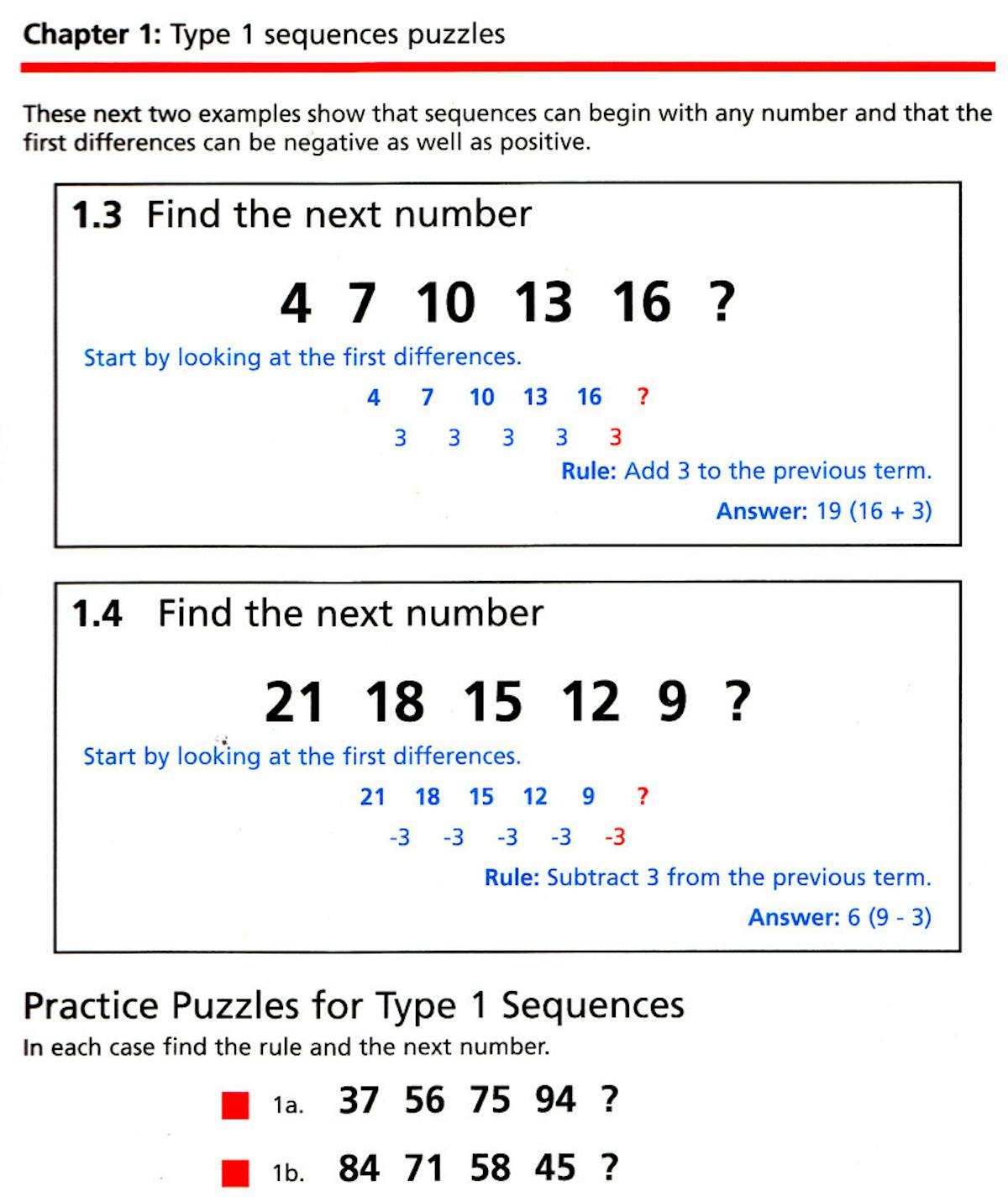Inside pages showing worked examples of number sequence puzzles with first differences method and practice questions