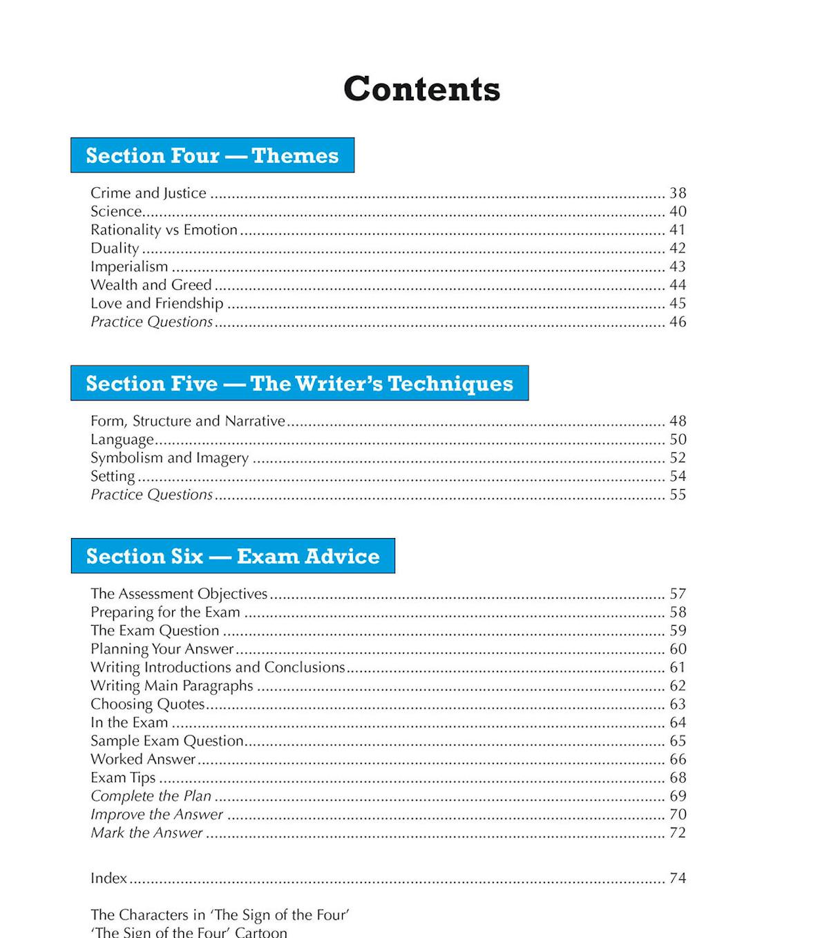 Contents page showing detailed breakdown of themes, writer's techniques, and exam advice sections
