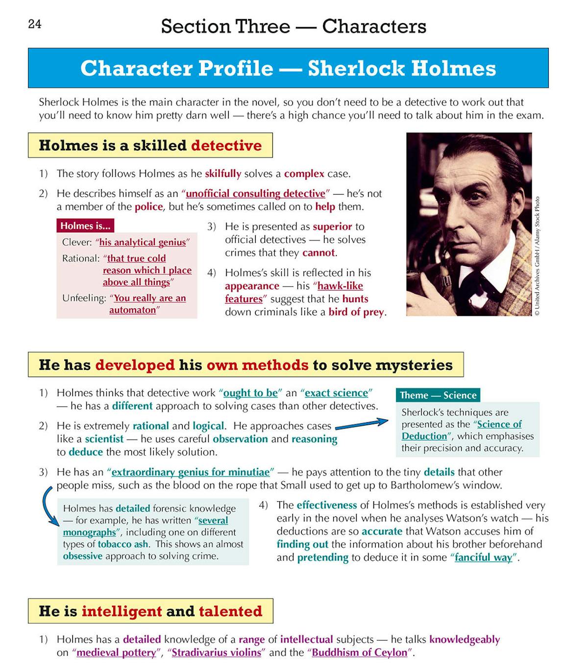 Character profile page for Sherlock Holmes showing annotated analysis with highlighted quotations and themes