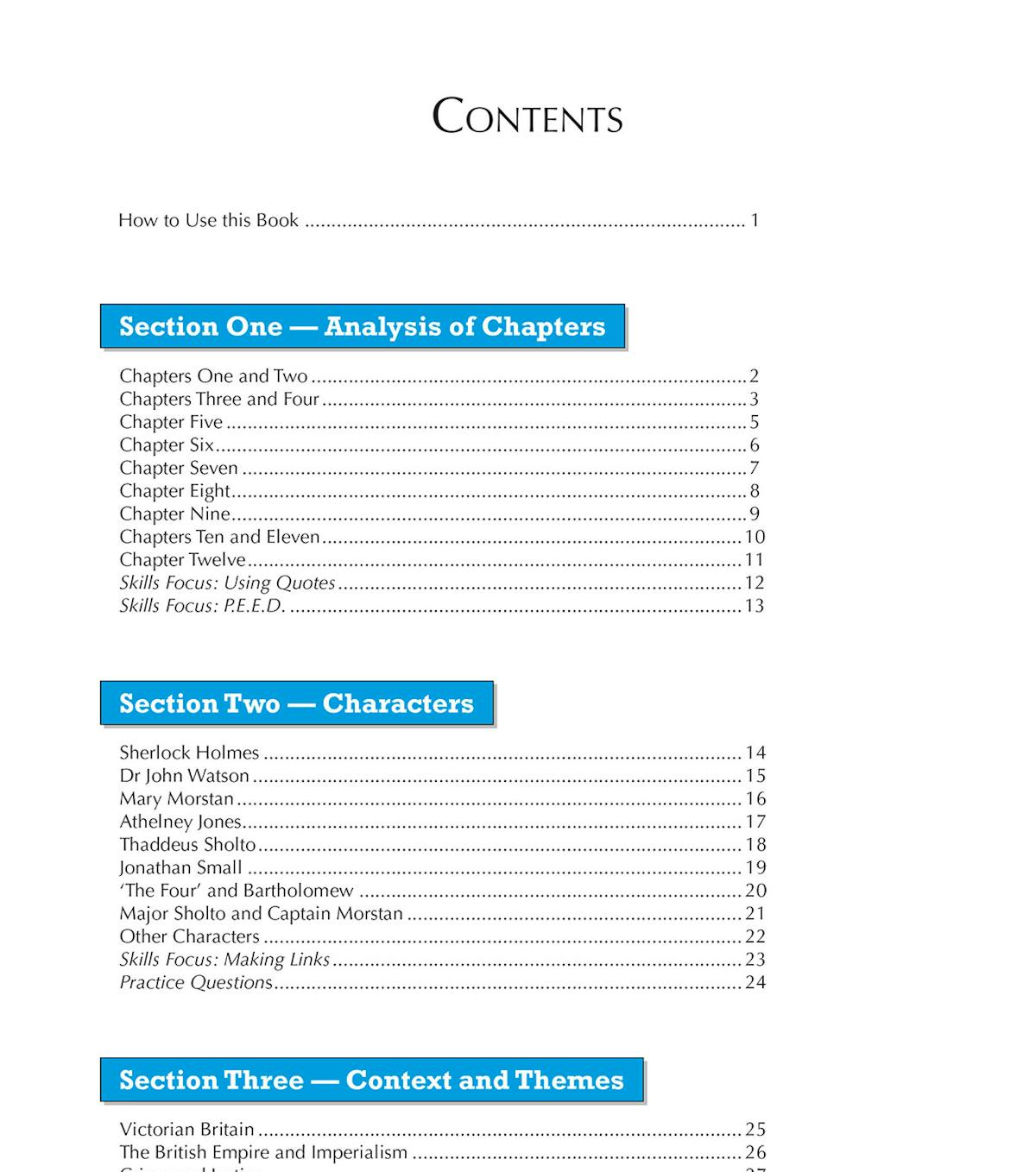 The Sign of the Four Workbook contents page showing analysis, characters, context and practice sections
