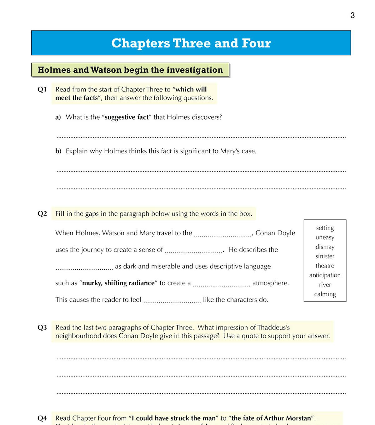 Inside page showing chapter analysis questions for The Sign of the Four