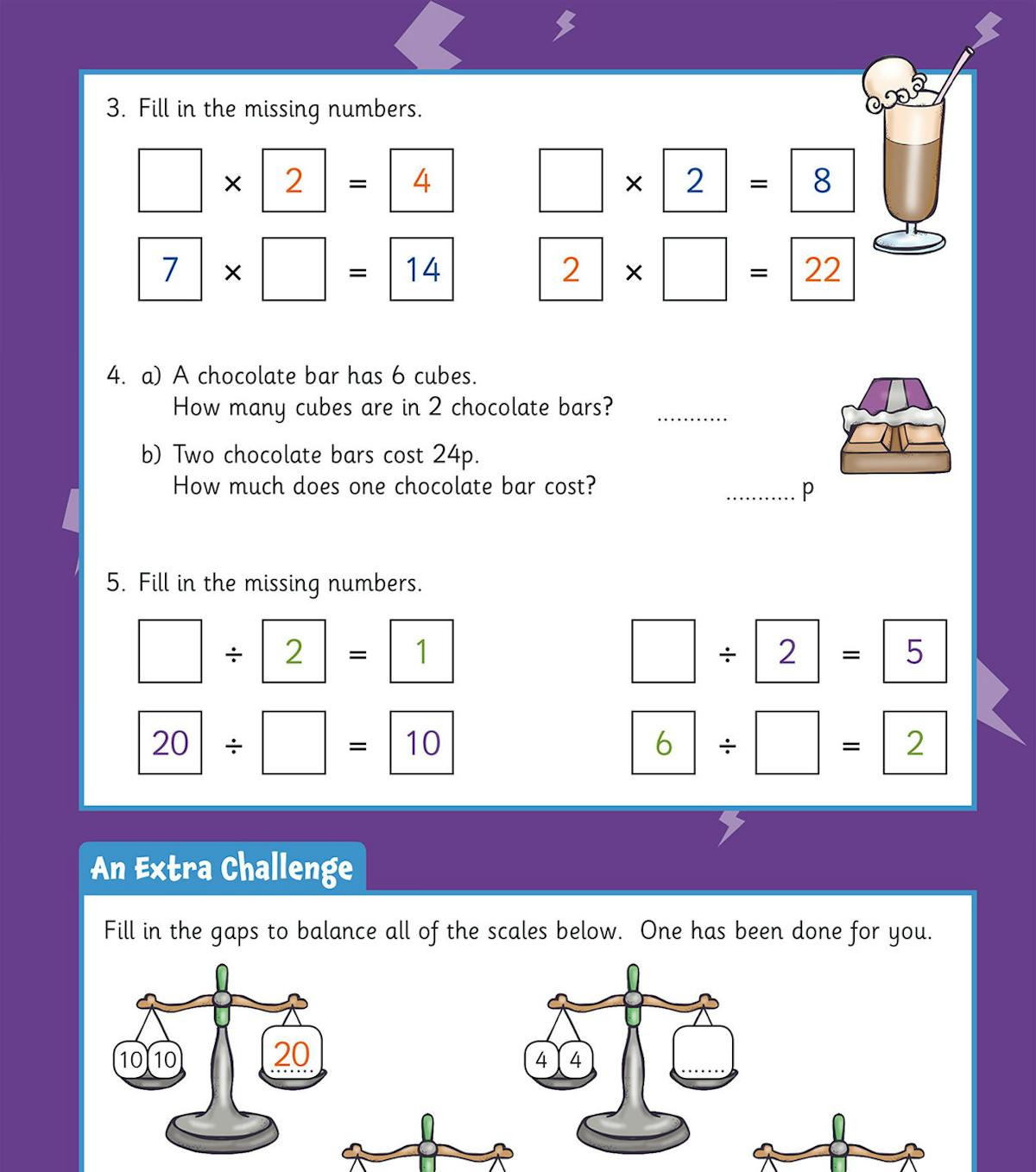Activity page featuring fill-in-the-blank multiplication and division questions with fun illustrations