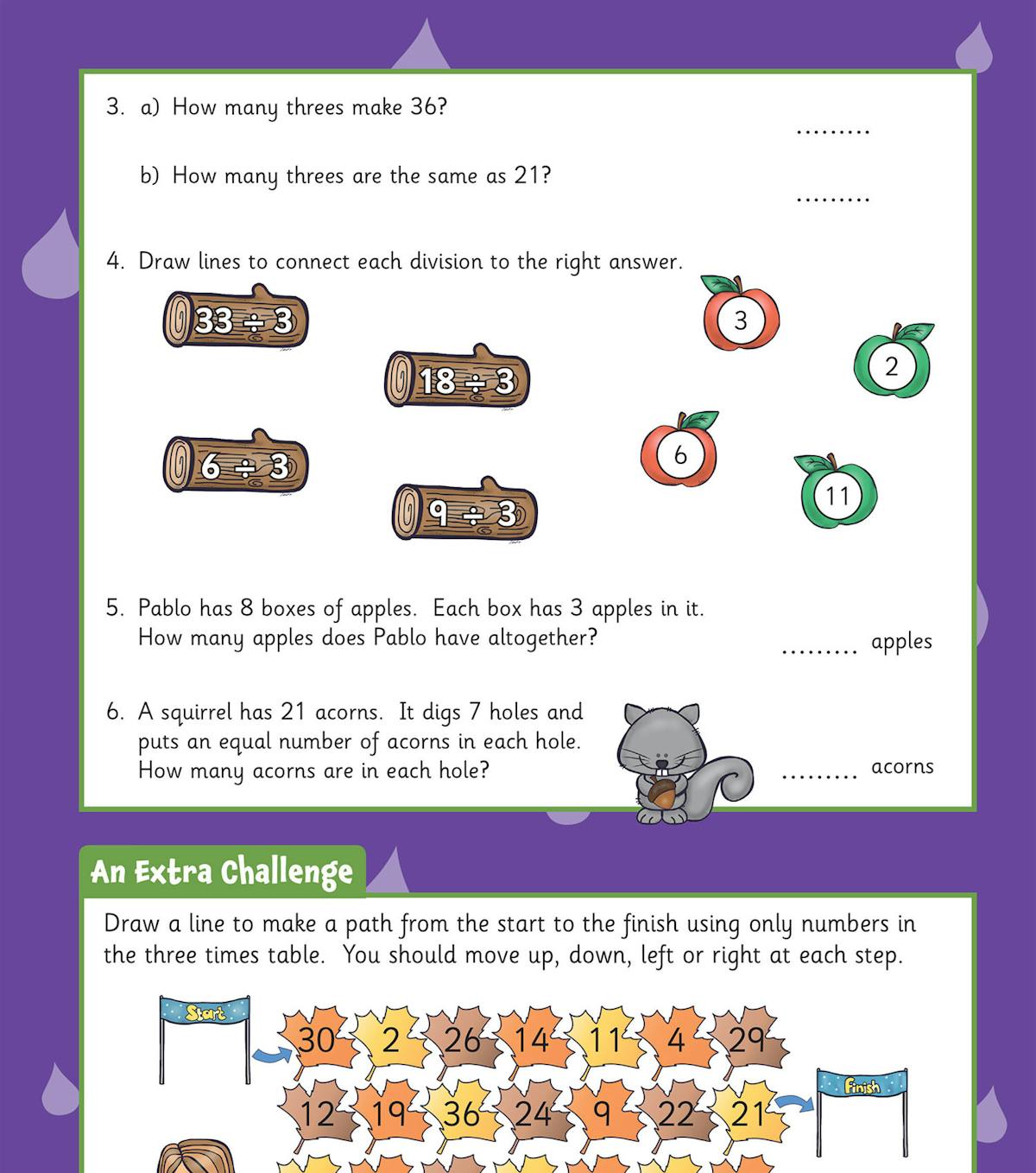 Sample page from the times tables activity book showing multiplication and division questions with colourful illustrations