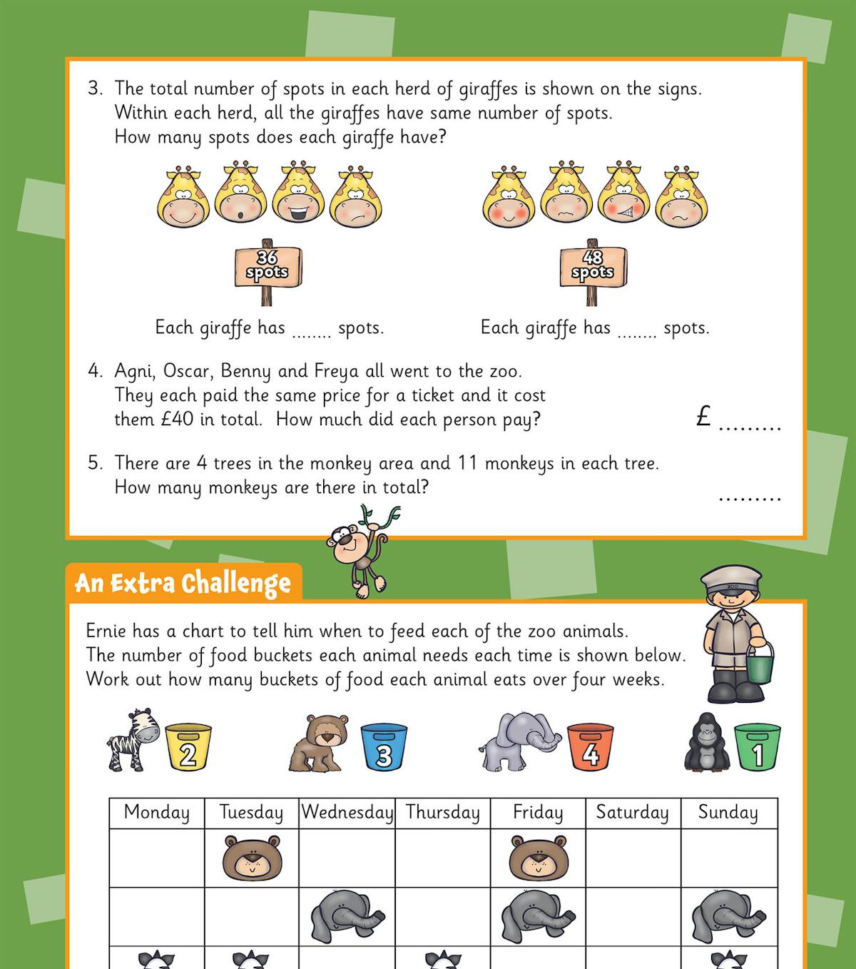Example page showing division word problems with zoo animals and a weekly chart activity