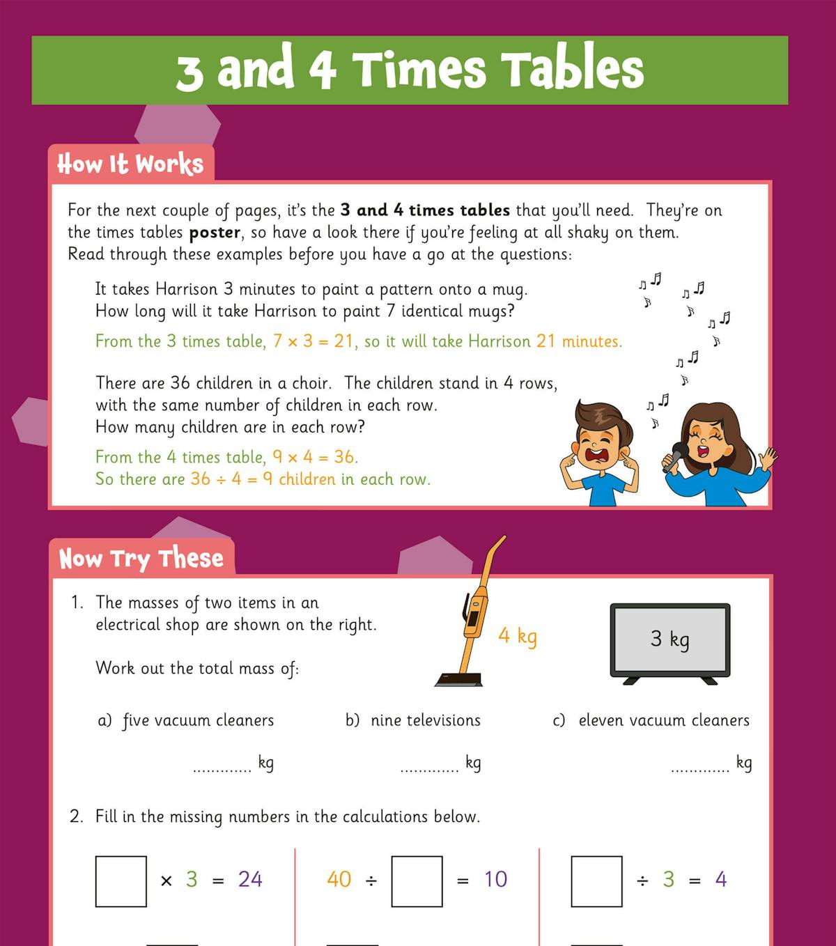 Worked examples showing 3 and 4 times tables with word problems and practice calculations