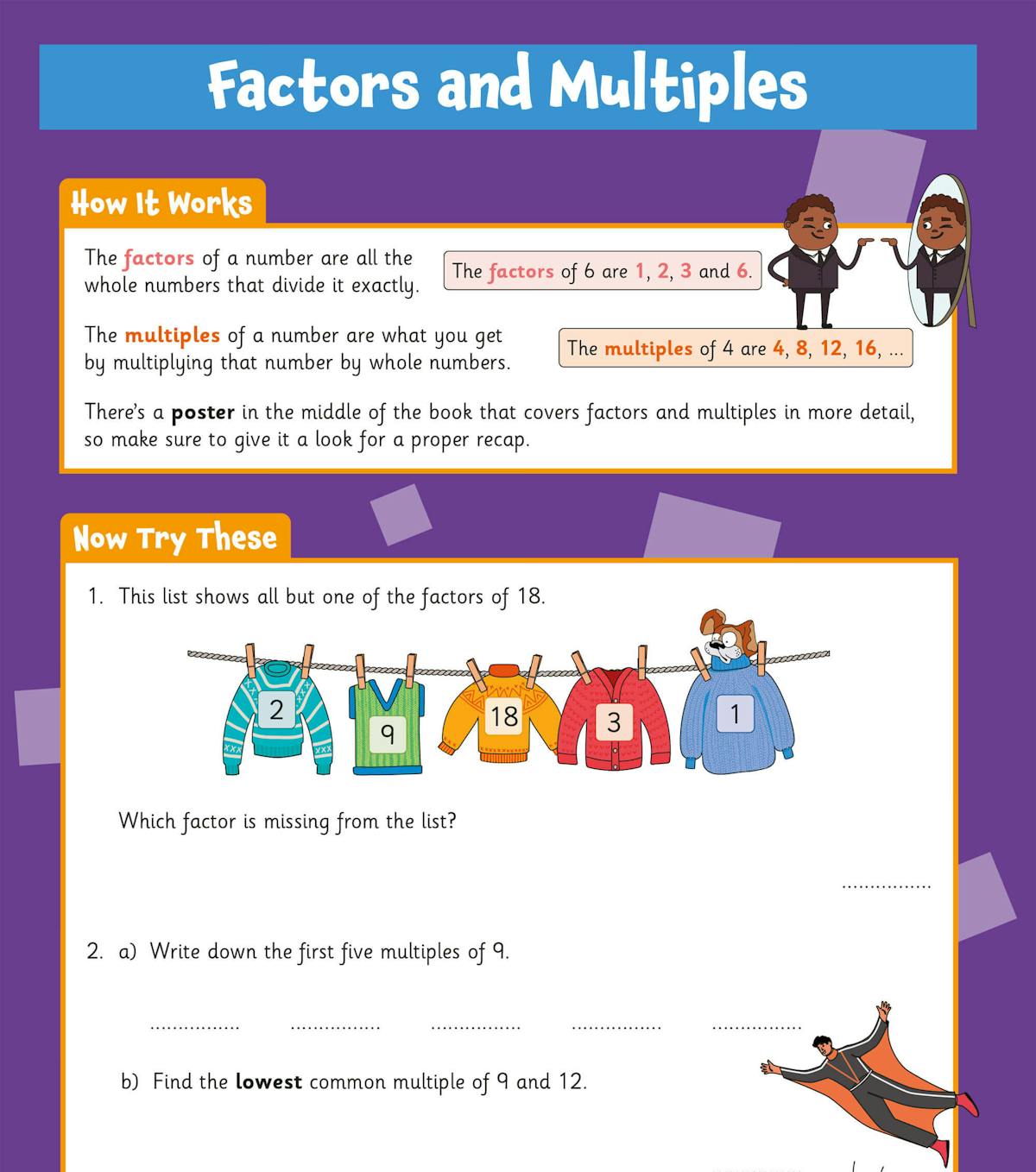 Factors and multiples page with colourful diagrams and missing factor puzzle
