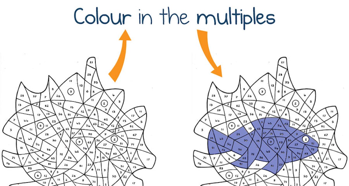 Sample puzzle page showing numbered sections to colour in multiples