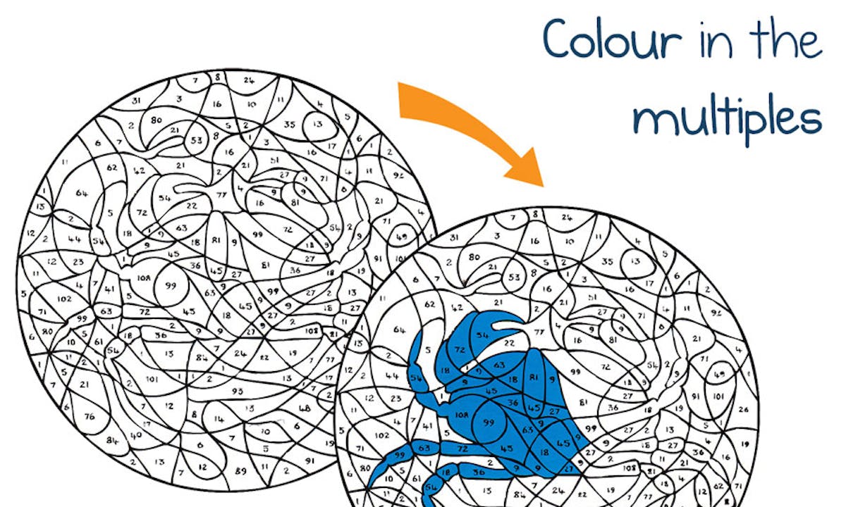 Times Tables Colouring Book 2 cover showing colouring puzzles and hidden pictures