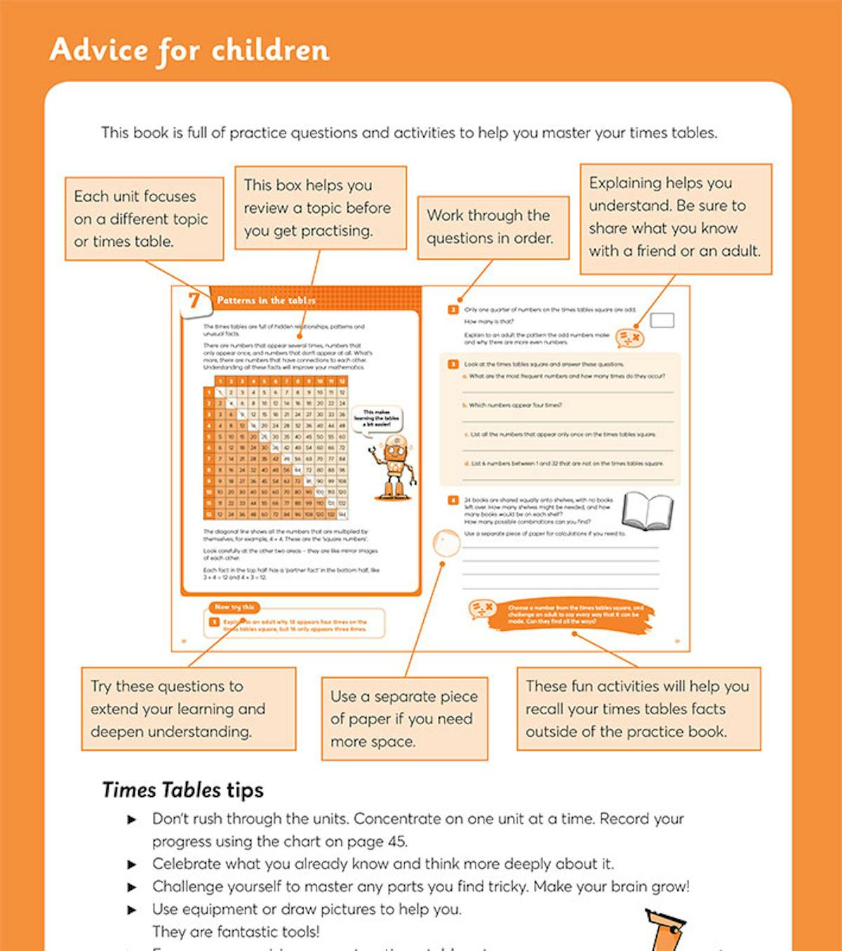 Advice for children page showing how to use the workbook effectively
