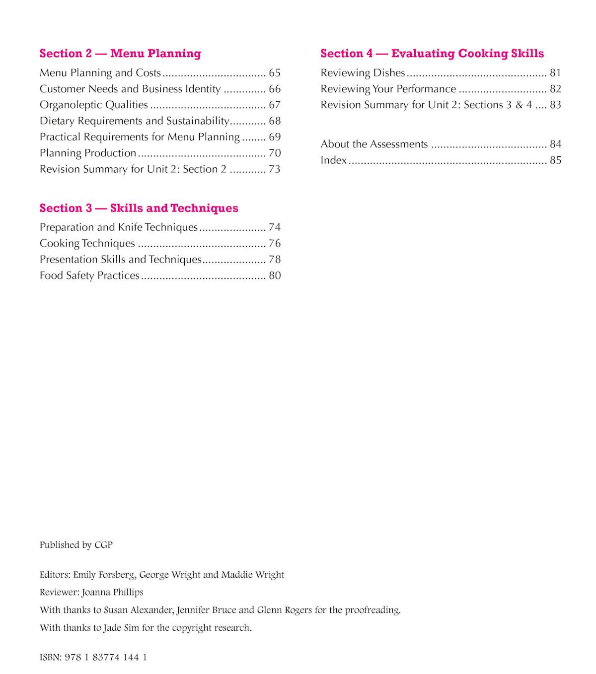Contents page listing all sections including Menu Planning and Evaluating Cooking Skills