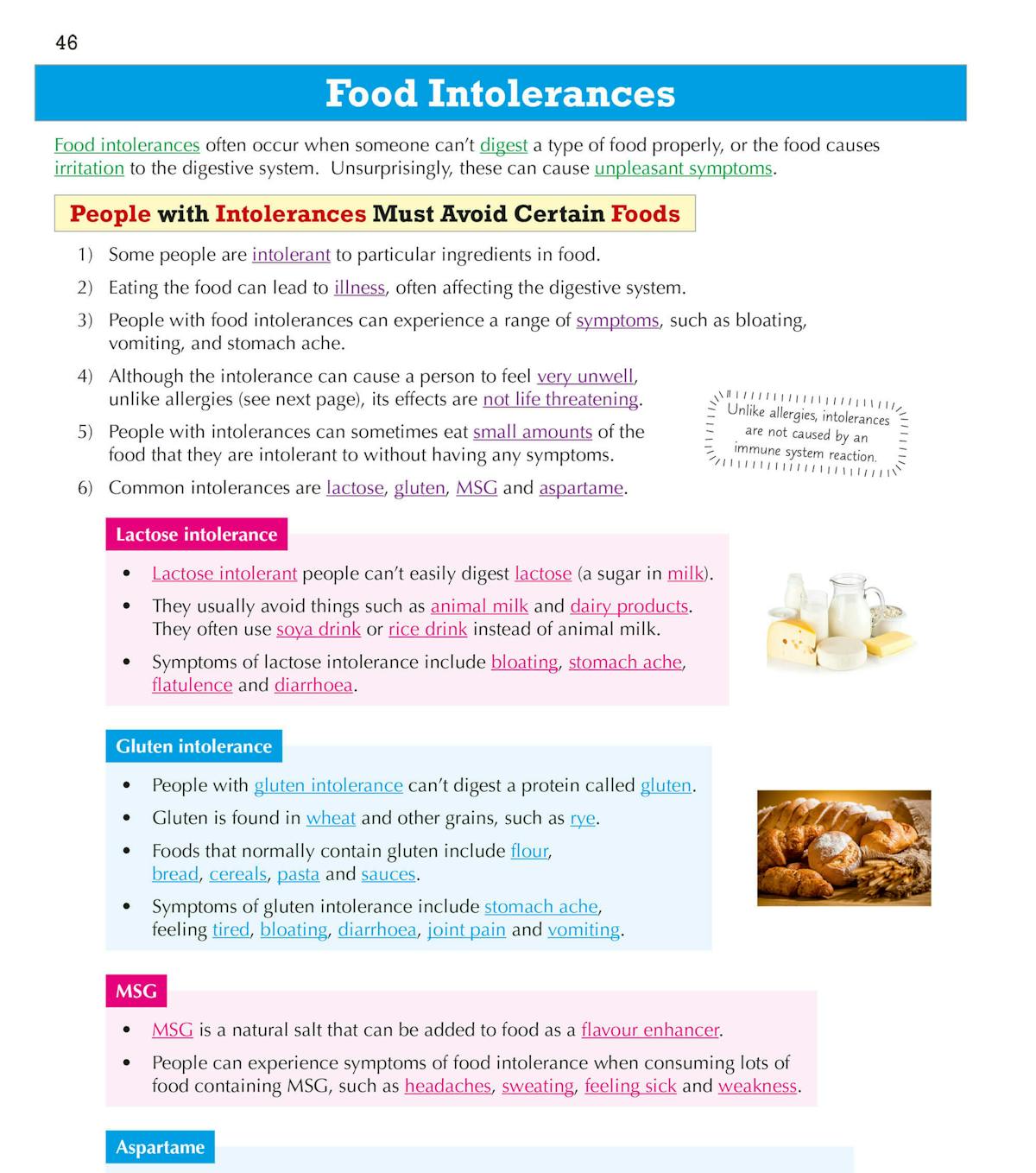 Sample page showing food intolerances content with colour-coded sections and images