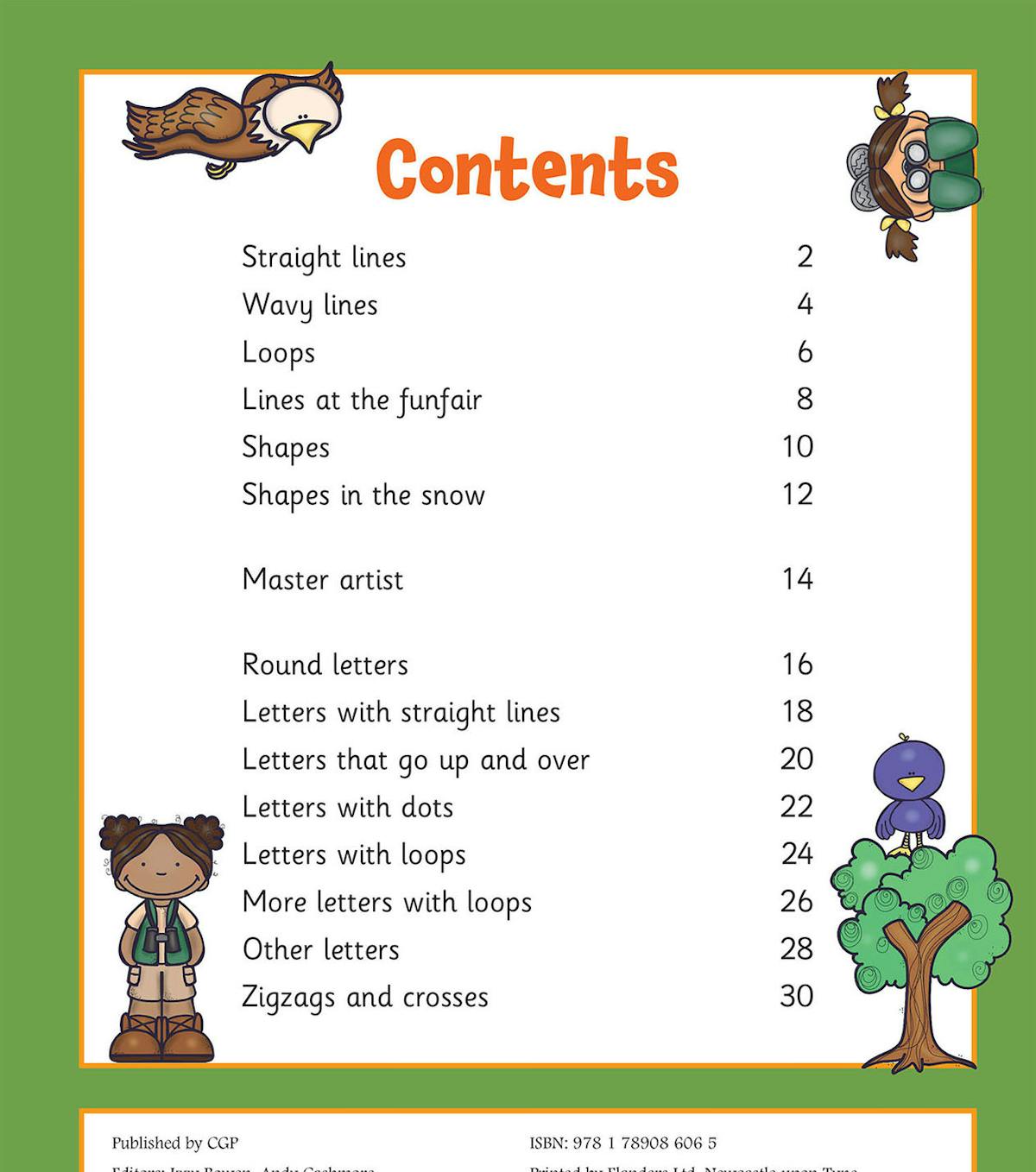 Contents page showing structured writing topics