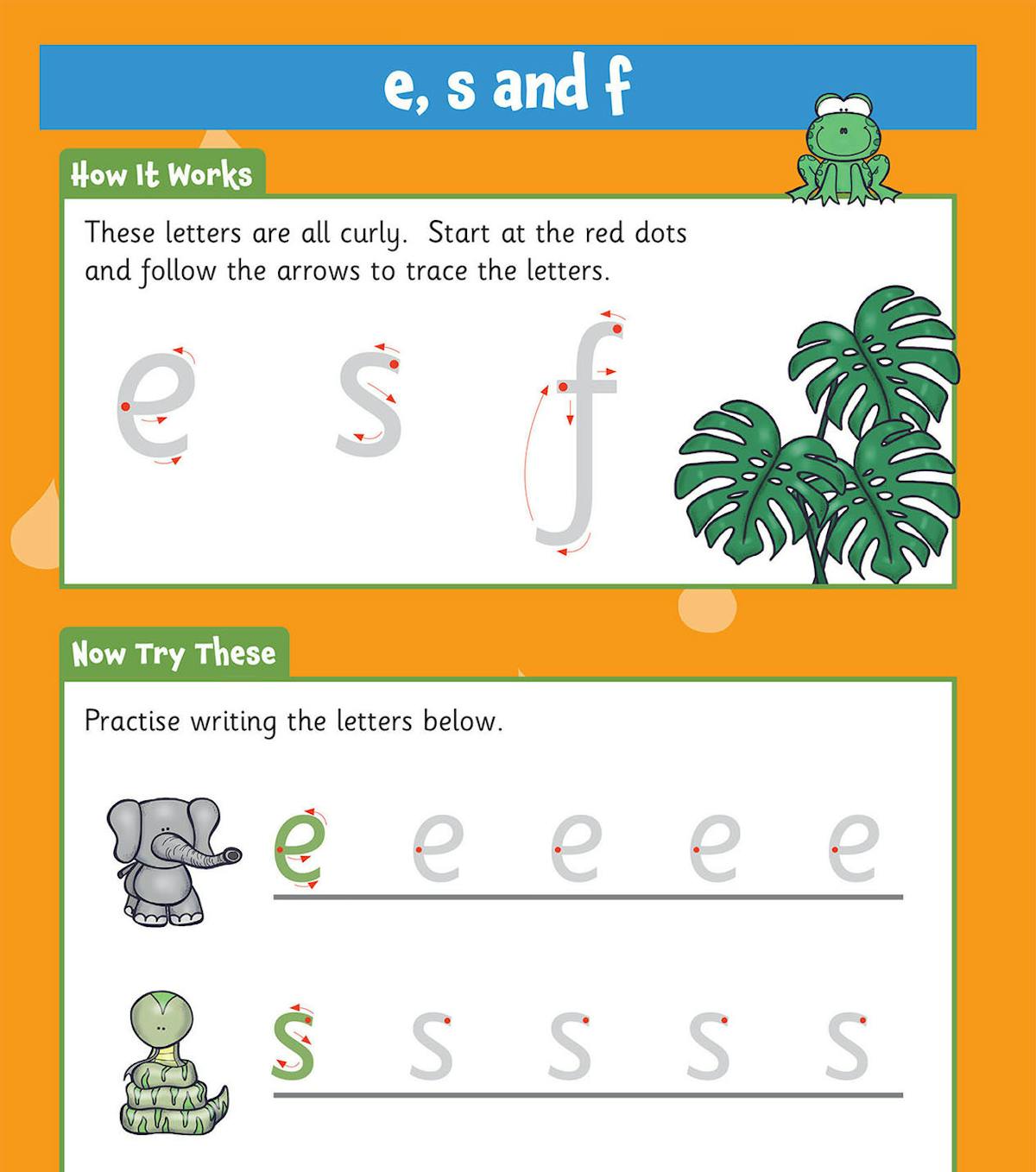 Letter formation practice page showing how to write e, s and f
