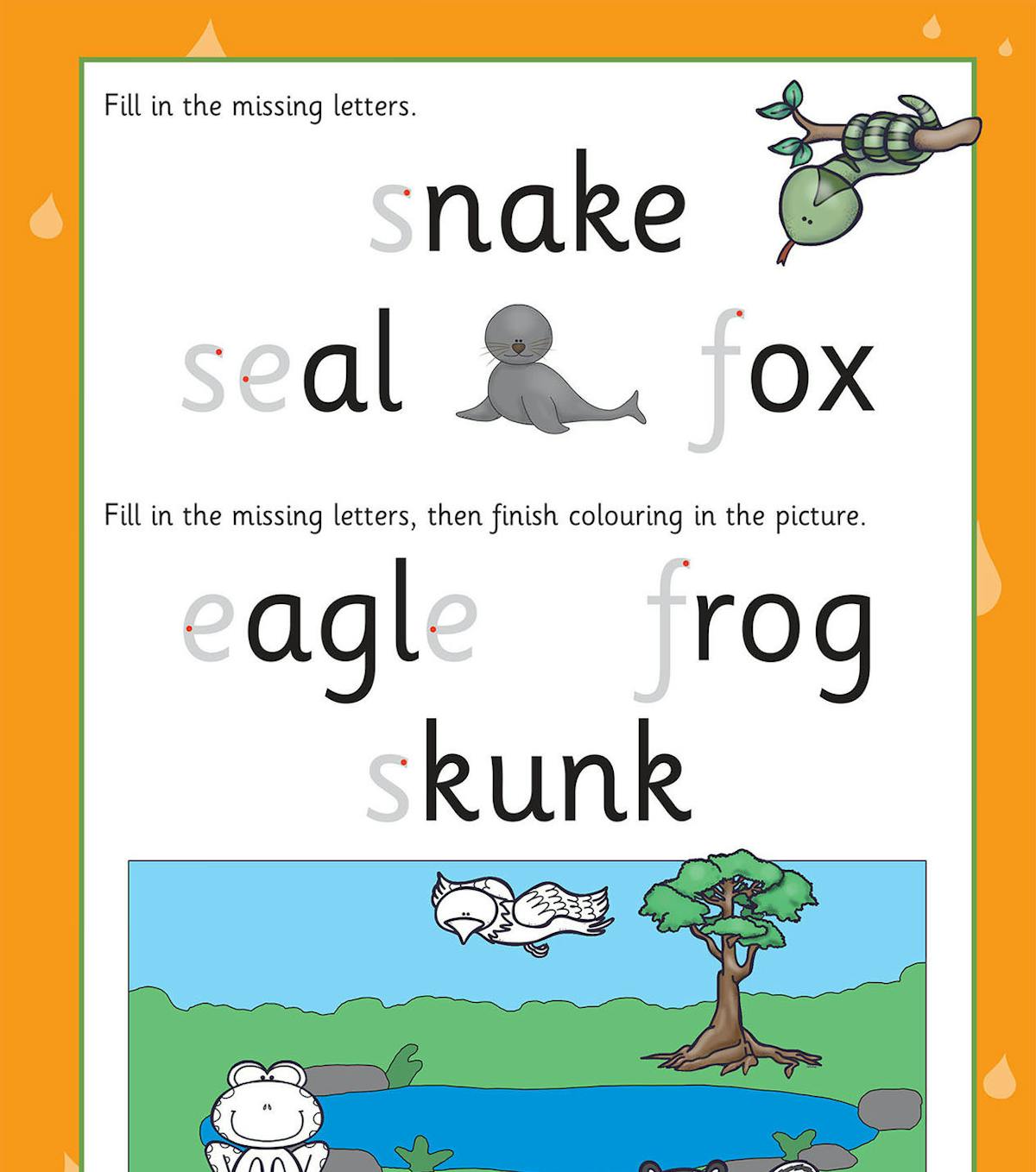 Activity page with missing letter exercises and a colouring scene