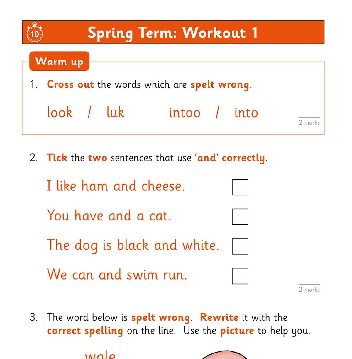 Sample workout page showing warm-up questions on spelling and sentence construction with tick boxes and visual aids